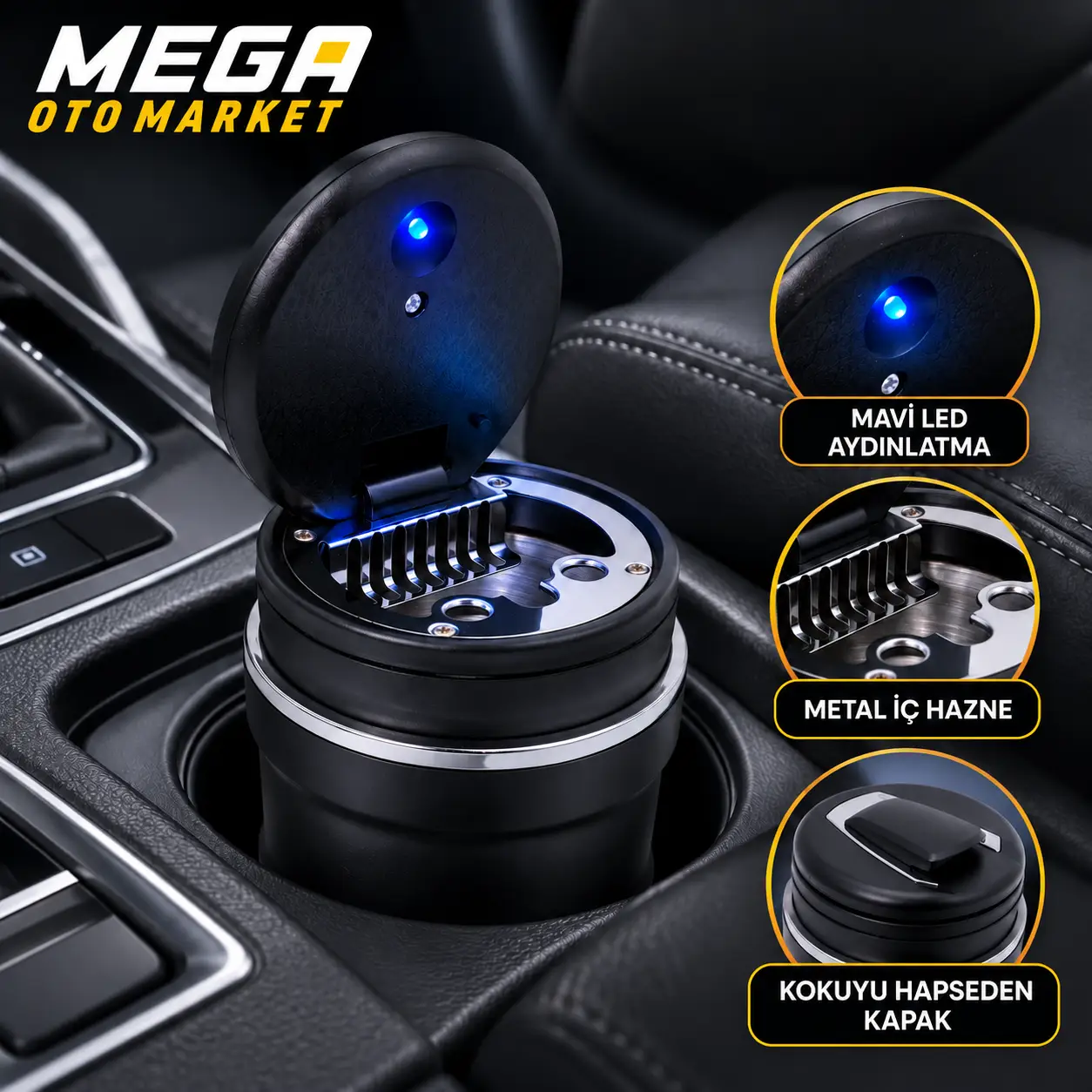 Mega Oto Market Araç İçi BMW Tip Havalandırma Askılı Küllük Bardaklıklı Chrome Renk Havalandırma Tip Kapaklı Mavi Renk Işıklı Yanmaz Koku Geçirmez