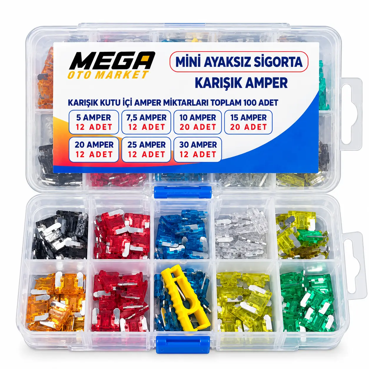 Mega Oto Market 100’lü Mini Ayaksız Bıçak Sigorta Seti 5A–30A Karışık Amper Bölmeli Kutu