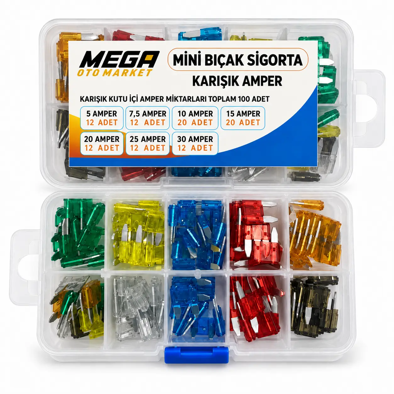 Mega Oto Market 100’lü Mini Bıçak Sigorta Seti 5A–30A Karışık Amper Bölmeli Kutu