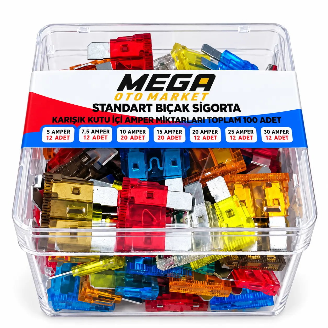 Mega Oto Market 100 Adet Standart Bıçak Sigorta Seti – 5A–30A Karışık Amper Kutulu