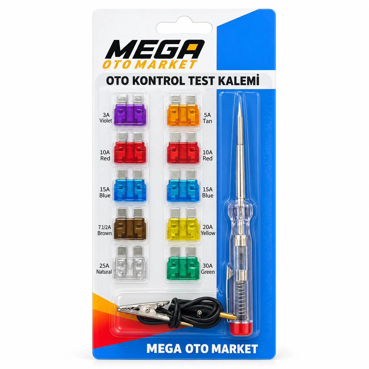 Mega Oto Market Araç Kontrol Kalemi Ve 10'lu Standart Bıçak Sigorta - Araç Elektrik Test ve Sigorta Seti 