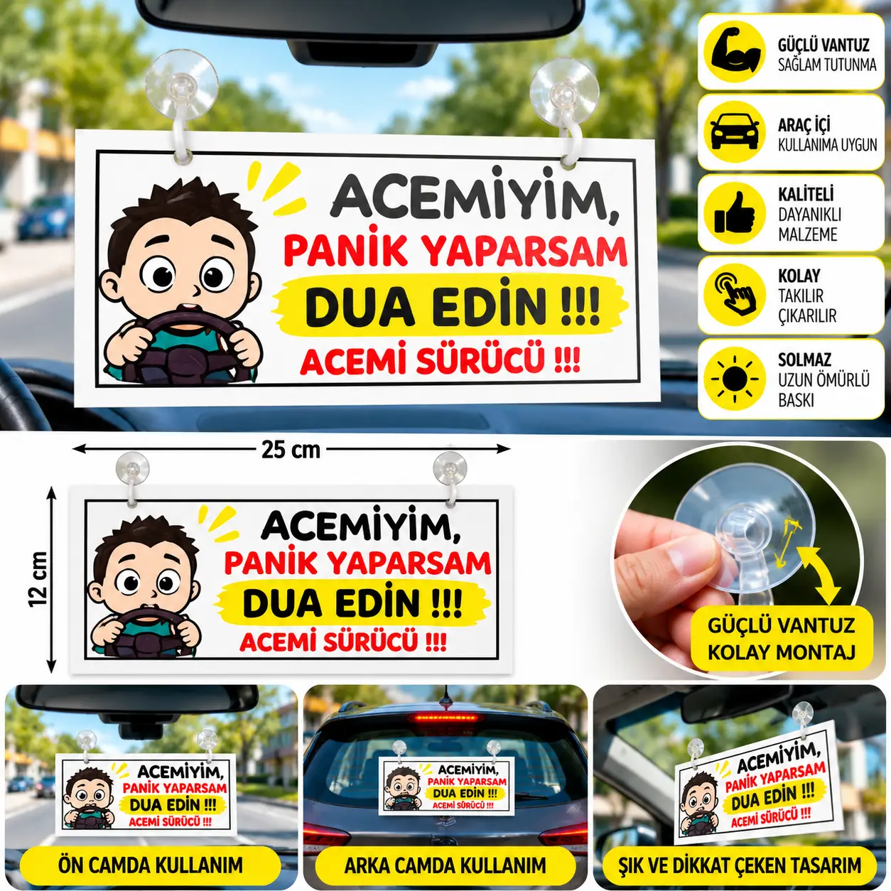 Mega Oto Market Acemiyim Panik Yaparsam Dua Edin Vantuzlu Araç Camı Uyarı Levhası Figürlü Tak Çıkar İkaz Tabelası- Acemi Sürücü