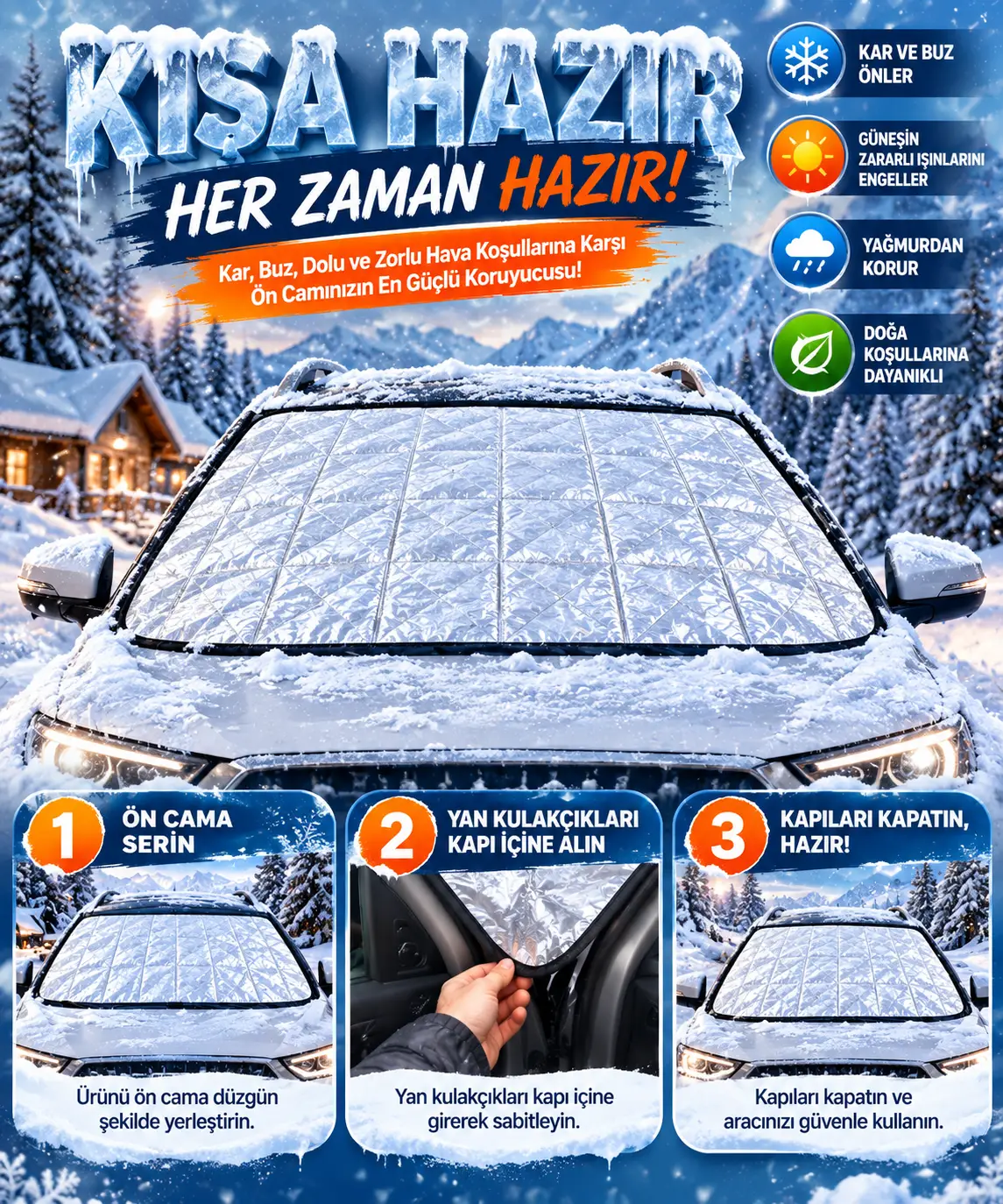 Mega Oto Market 4 Mevsim Ön Cam Koruma Brandası 145x95 cm Kar Buz Dolu ve Güneş Koruyucu Örtü