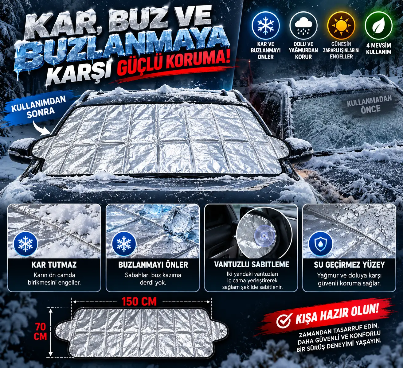 Mega Oto Market Oto Ön Cam Koruma Örtüsü 150x70 cm Kar Buz Dolu Güneş Koruyucu Branda