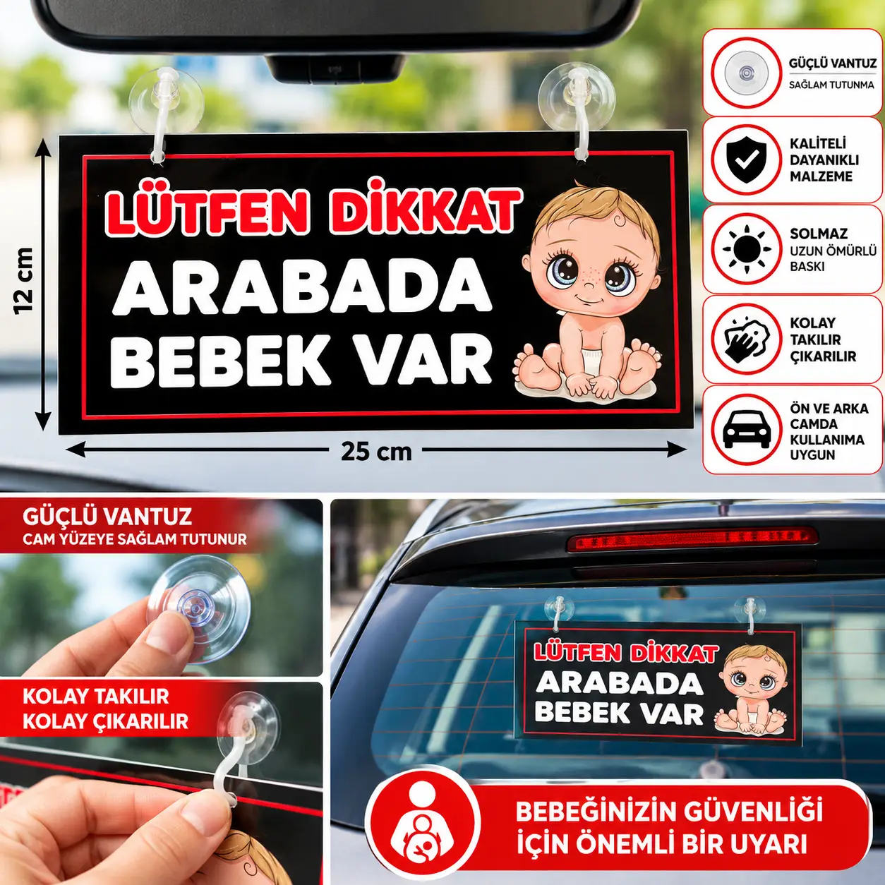 Mega Oto Market Arabada Bebek Var Vantuzlu Araç Camı Uyarı Levhası Bebek Figürlü Tak Çıkar İkaz Tabelası