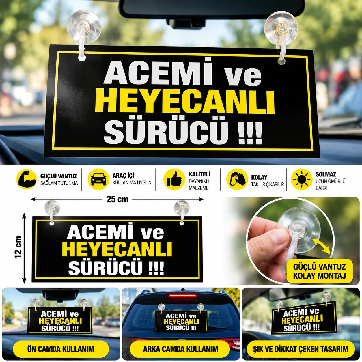 Mega Oto Market Acemi Ve Heyecanlı Sürücü Vantuzlu Araç Camı Uyarı Levhası Figürlü Tak Çıkar İkaz Tabelası- Acemi Sürücü
