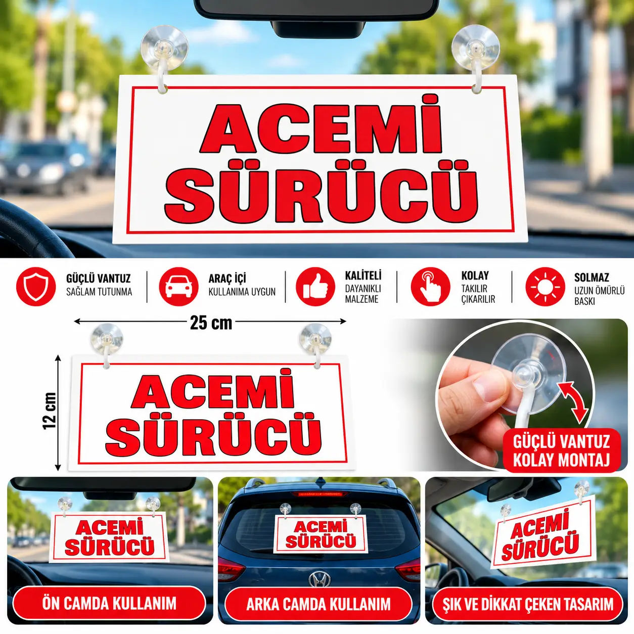 Mega Oto Market Acemi Sürücü Vantuzlu Araç Camı Uyarı Levhası Figürlü Tak Çıkar İkaz Tabelası