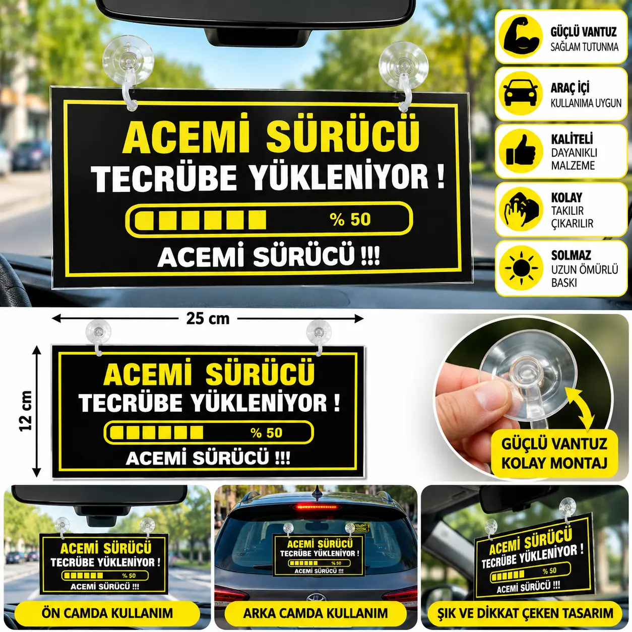 Mega Oto Market Acemi Sürücü Tecrübe Yükleniyor Vantuzlu Araç Camı Uyarı Levhası Figürlü Tak Çıkar İkaz Tabelası- Acemi Sürücü 