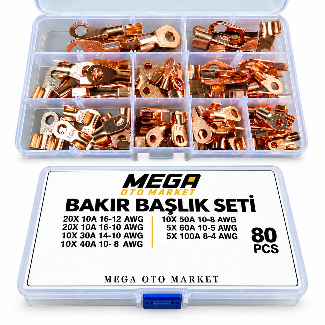 Mega Oto Market Bakır Akü ve Kablo Pabuç Başlık Seti 10A–100A 4–16 AWG Bölmeli Kutulu