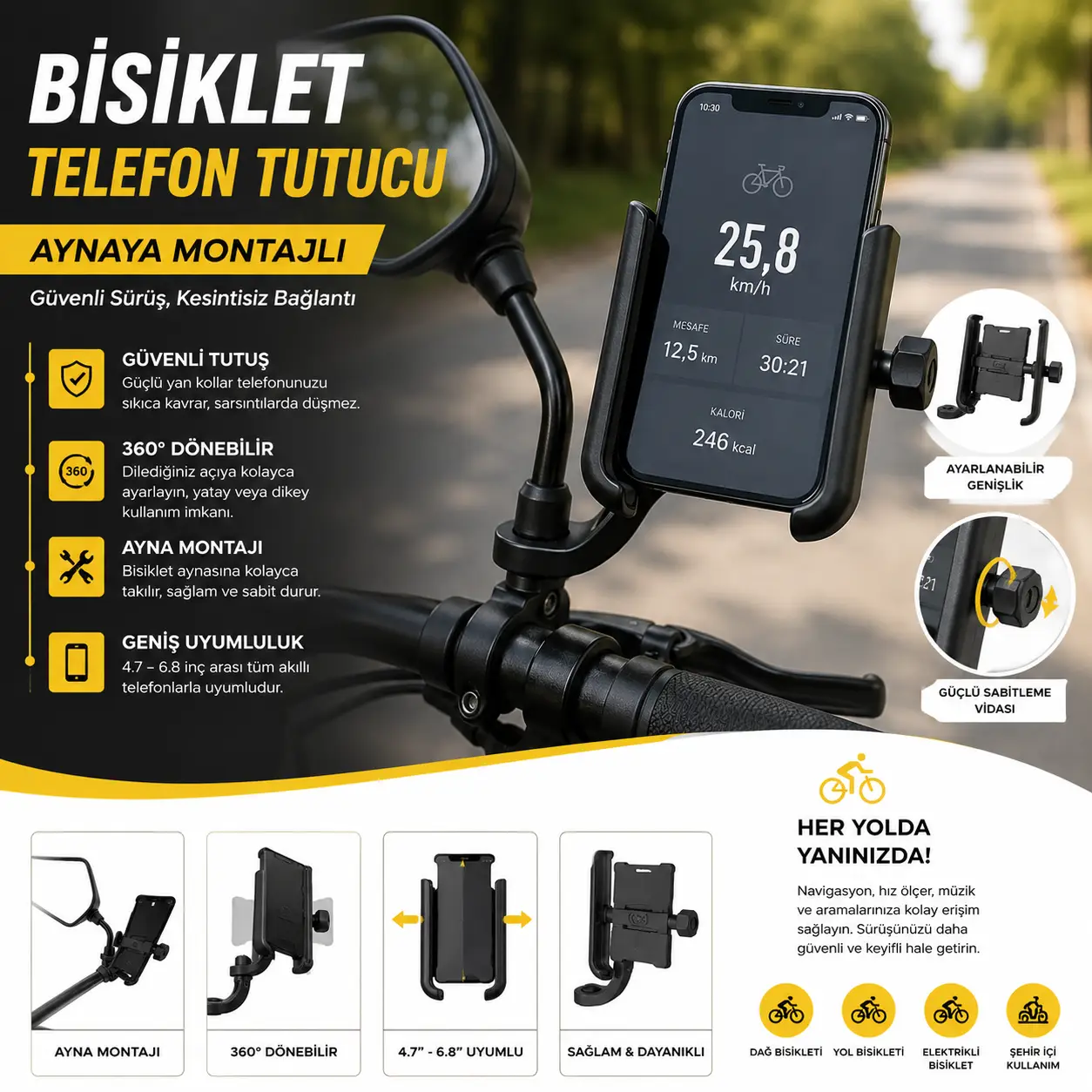 Mega Oto Market Bisiklet ve Motosiklet Telefon Tutucu – Kızaklı Ayarlanabilir Siyah Telefon Standı