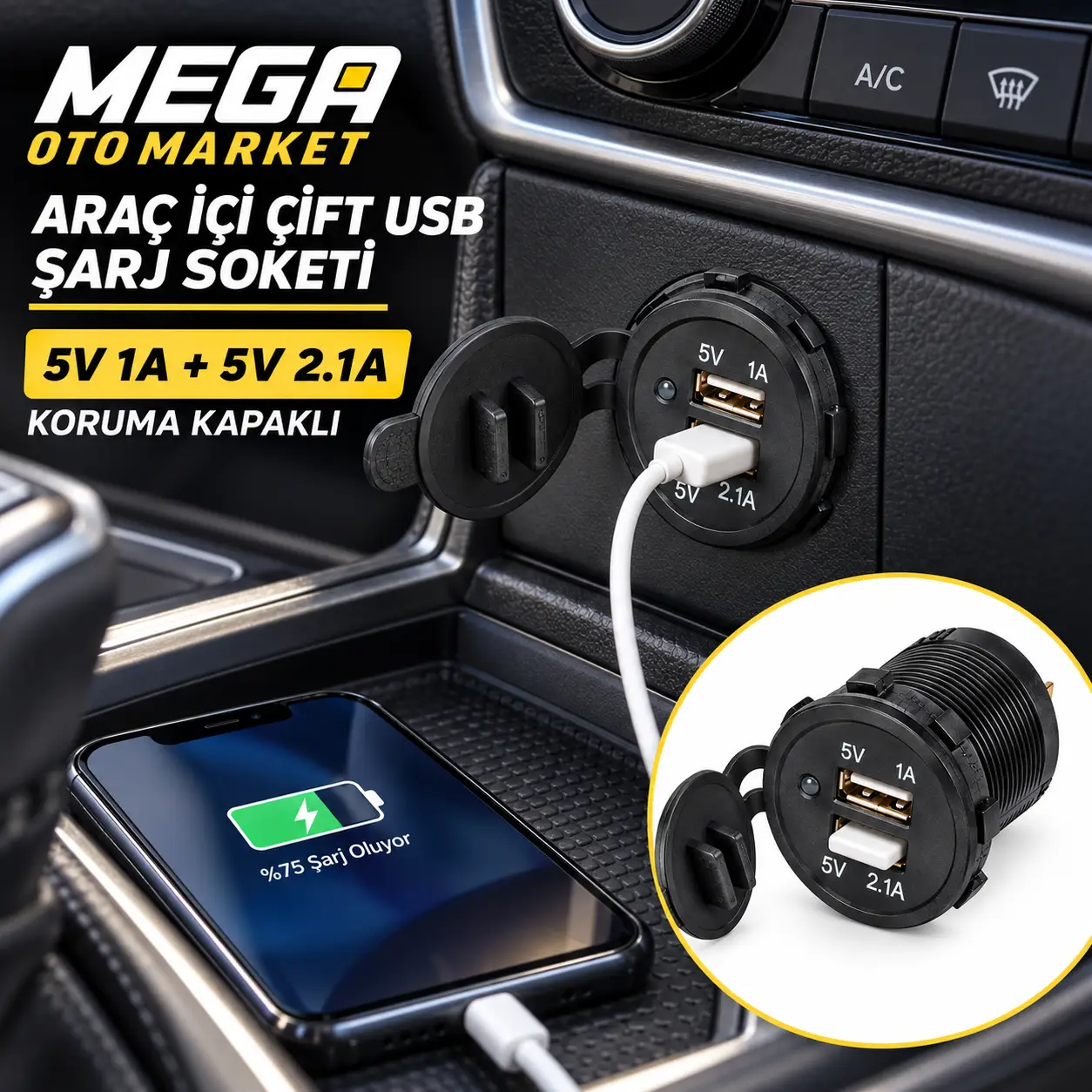Mega Oto Market Çift USB Araç Şarj Soketi 5V 2.1A + 1A Koruma Kapaklı Otomobil Çakmaklığı