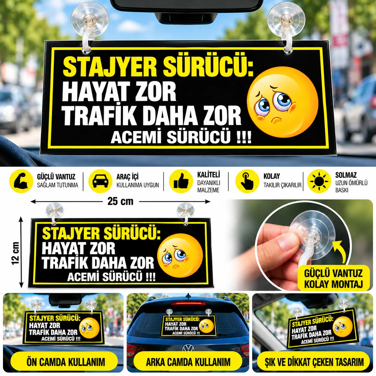 Mega Oto Market Stajyer Sürücü Hayat Zor Trafik Daha Zor Vantuzlu Araç Camı Uyarı Levhası Figürlü Tak Çıkar İkaz Tabelası- Acemi Sürücü 