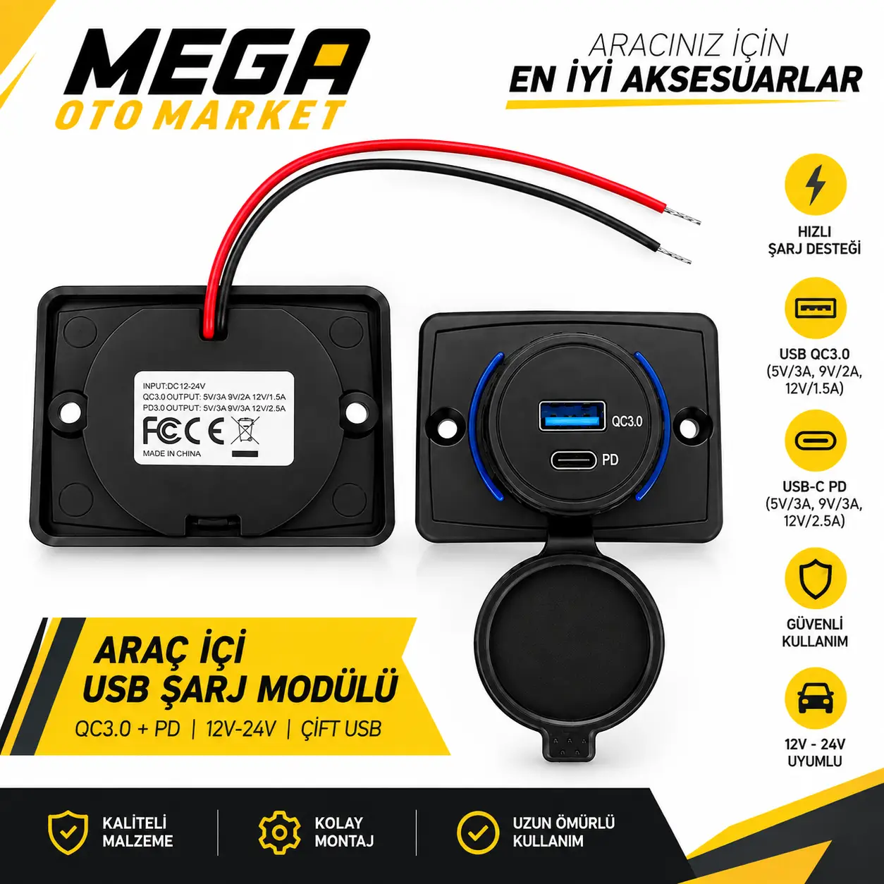 Mega Oto Market USB 3.0 ve Type-C PD Hızlı Araç Şarj Soketi – Koruma Kapaklı Panel Tipi Çakmaklık Güç Adaptörü 