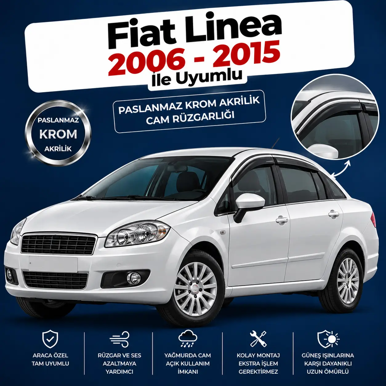 Paslanmaz Krom Akrilik Cam Rüzgarlığı Fiat Linea 2006-2015 İle Uyumlu