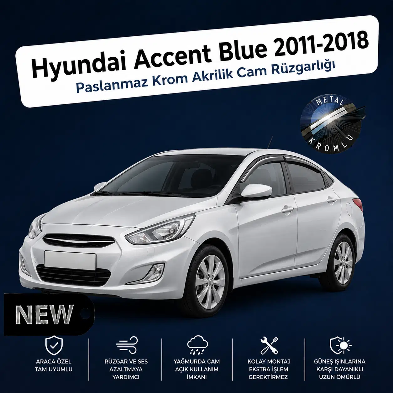 Paslanmaz Krom Akrilik Cam Rüzgarlığı Hyundai Accent Blue 2011-2018 ile uyumlu CHR-1-009-007